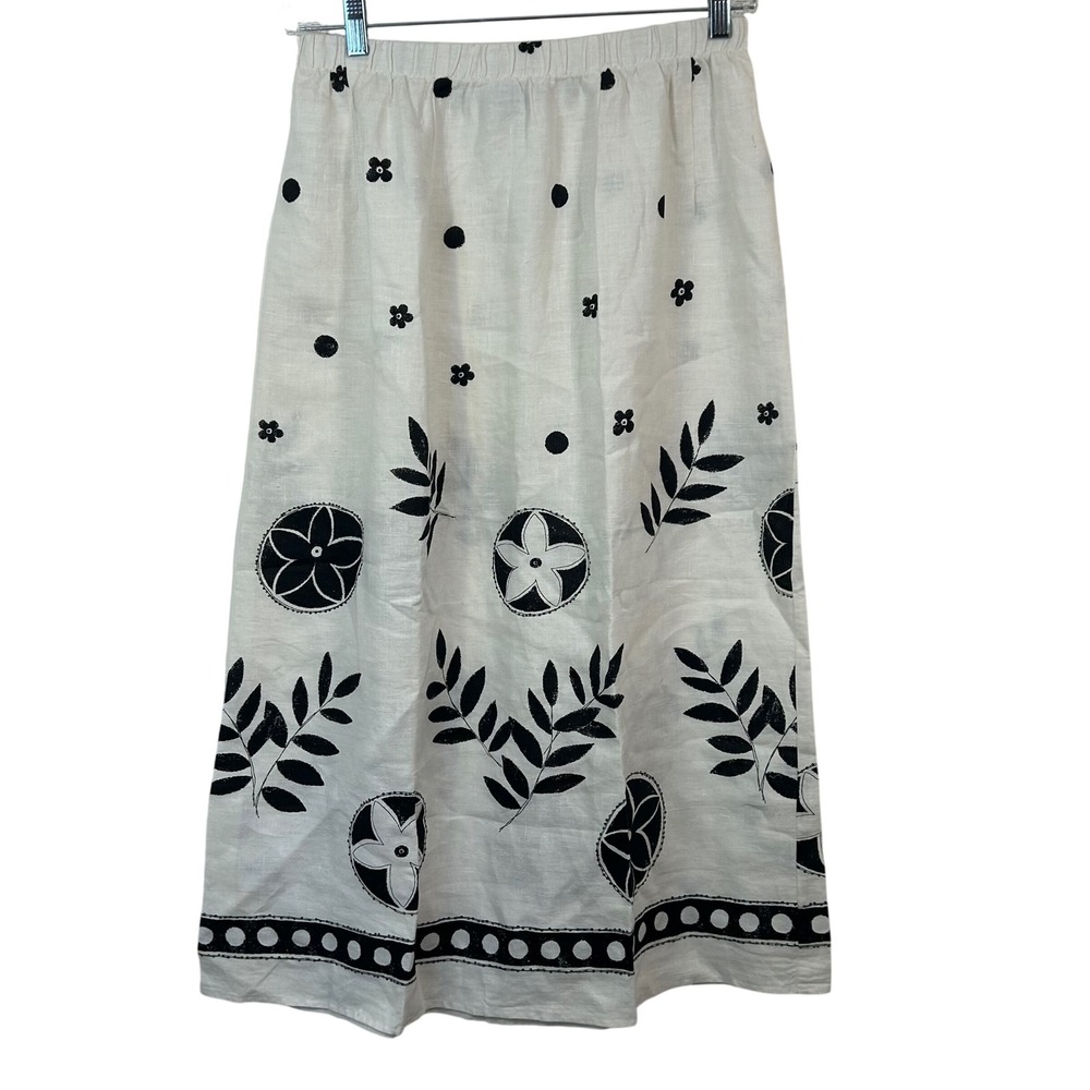 Hot Cotton Petite Marc Ware White Black Linen Block Print Midi Skirt‎ Medium